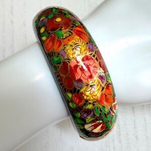 Hand Painted Floral Lacquered Wood Bangle Bracelet